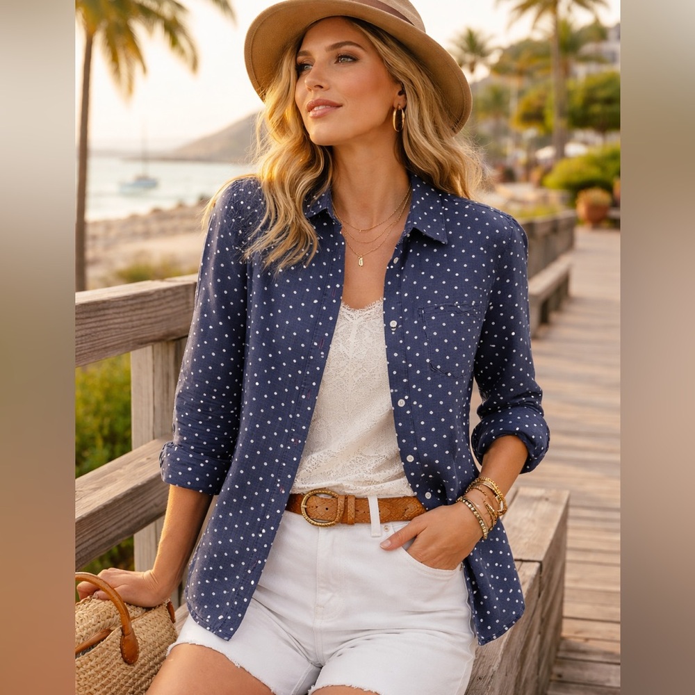 Talbots 100% Linen Navy Polka Dot Button Up Shirt Classic Summer Blouse Size XS